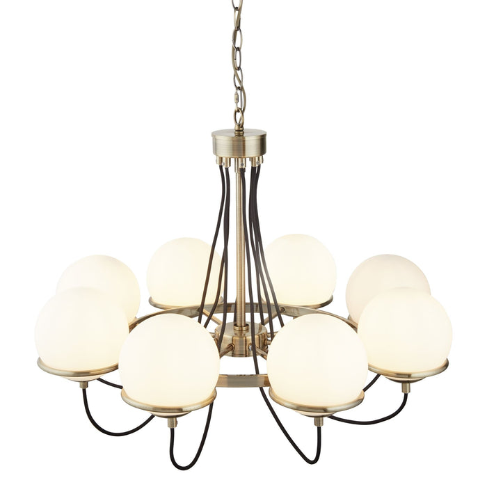 Searchlight Sphere 8Lt Ceiling, Antique Brass, Black Braided Cable, Opal White Glass Shades • 7098-8AB