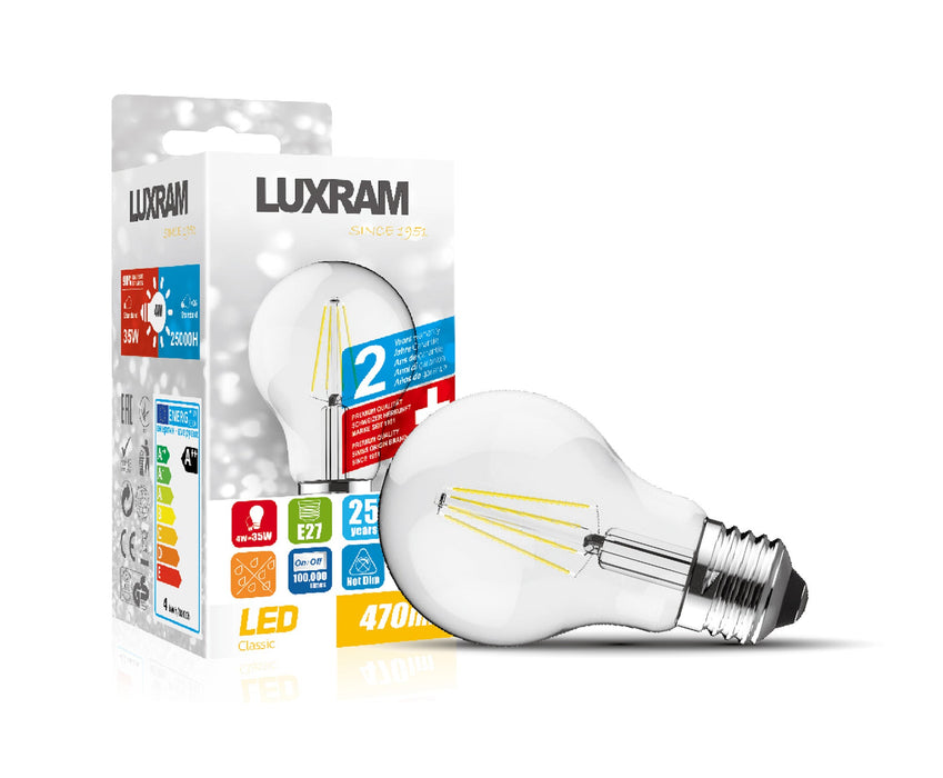 Luxram Value Classic LED GLS E27 6.5W Cool White 4000K, 806lm, Clear Finish, 3yrs Warranty • 716101652