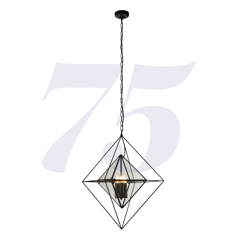 Searchlight Diamond 3Lt Pendant - Black With Clear Glass Panels • 7323-3BK