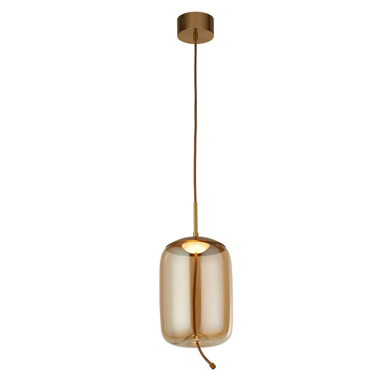 Searchlight Lisbon 1Lt Led Pendant, Satin Brass And Amber Glass • 75132-1AM