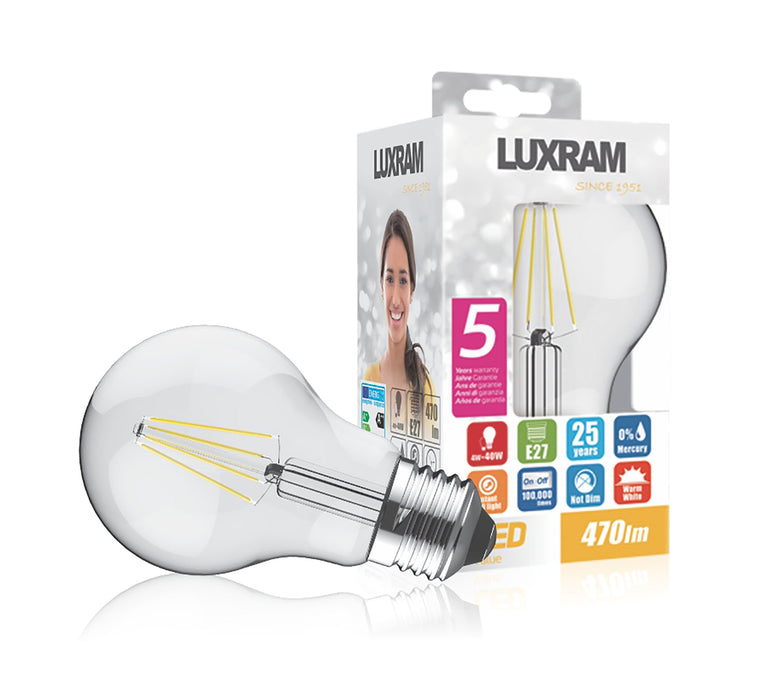Luxram Value Classic LED GLS E27 6.5W Warm White 2700K, 806lm, Clear Finish • 763111153