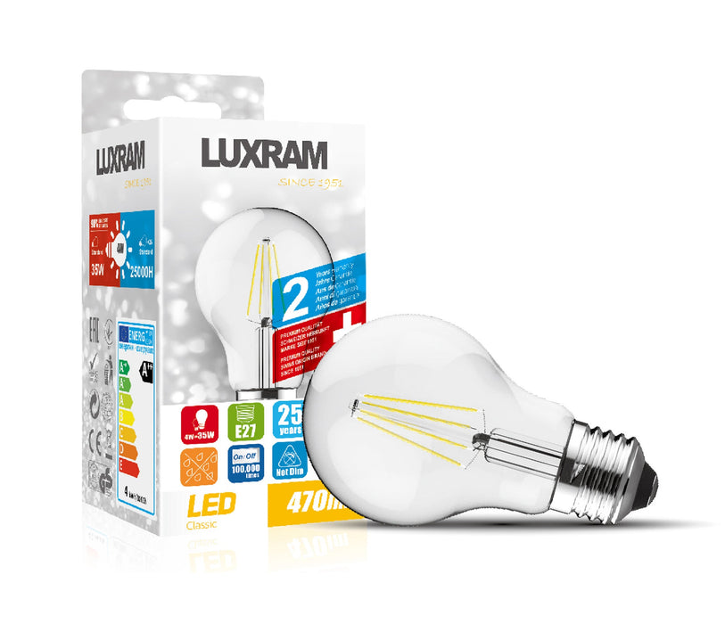 Luxram Value Classic LED GLS E27 Dimmable 6.5W Cool White 4000K, 806lm, Clear Finish, 3yrs Warranty • 763111252