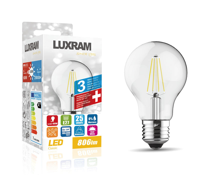 Luxram Value Classic LED GLS E27 Dimmable 6.5W Cool White 4000K, 806lm, Clear Finish, 3yrs Warranty • 763111252