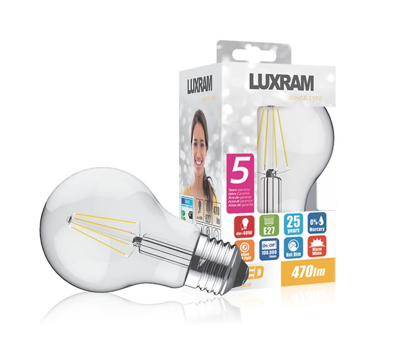 Luxram Value Classic LED GLS E27 Dimmable 6.5W Warm White 2700K, 806lm, Clear Finish • 763111253