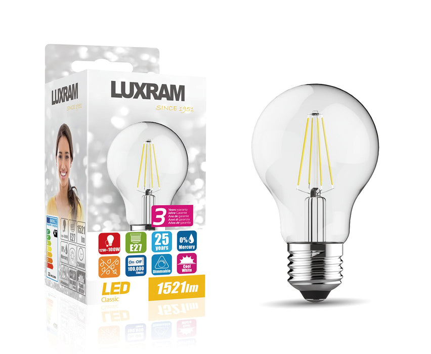 Luxram Value Classic LED GLS E27 Dimmable 12W 4000K Natural White, 1521lm, Clear Finish, 3yrs Warranty • 763131272