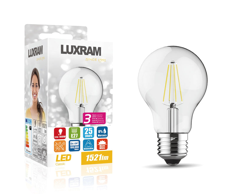 Luxram Value Classic LED GLS E27 Dimmable 12W 2700K Warm White, 1521lm, Clear Finish, 3yrs Warranty  • 763131273