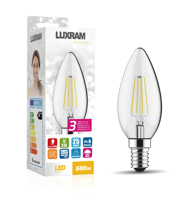 Luxram Value Classic LED Candle E14 Dimmable 5.5W 4000K Natural White, 600lm, Clear Finish, 3yrs Warranty • 763411242