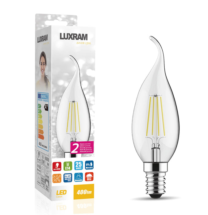 Luxram Value Classic LED Candle Tip Dimmable E14 4W Warm White 2700K Color-Box, 400lm, Clear Finish  • 763413233