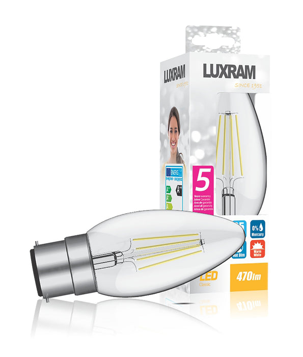 Luxram Value Classic LED Candle B22d Dimmable 4W Warm White 2700K, 400lm, Clear Finish, 3yrs Warranty • 763416233