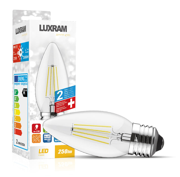 Luxram Value Classic LED Candle E27 Dimmable 4W Warm White 2700K Color-Box, 400lm, Clear Finish, 3yrs Warranty  • 763417233