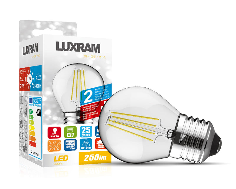 Luxram Value Classic LED Ball E27 2W Warm White 2700K, 250lm, Colour-Box (Clear) , 3yrs Warranty  • 763511113