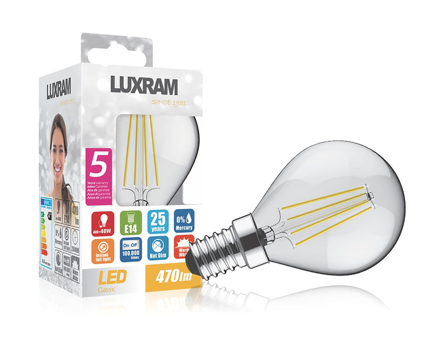 Luxram Value Classic LED Ball E27 Dimmable 4W Warm White 2700K, 400lm, Clear Finish  • 763511233