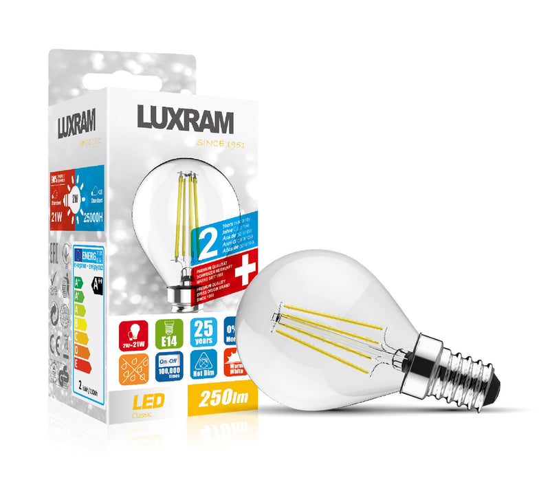 Luxram Value Classic LED Ball E14 2W Warm White 2700K, 250lm, Colour-Box (Clear) , 3yrs Warranty  • 763512113