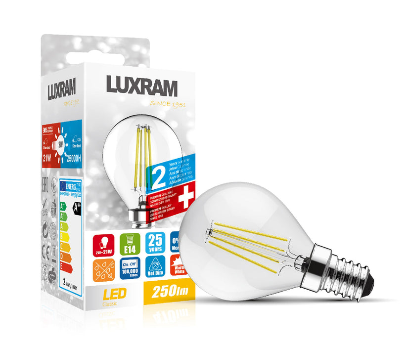 Luxram Value Classic LED Ball E14 6.5W Warm White 2700K, 806lm, Clear Finish, 3yrs Warranty • 763512163