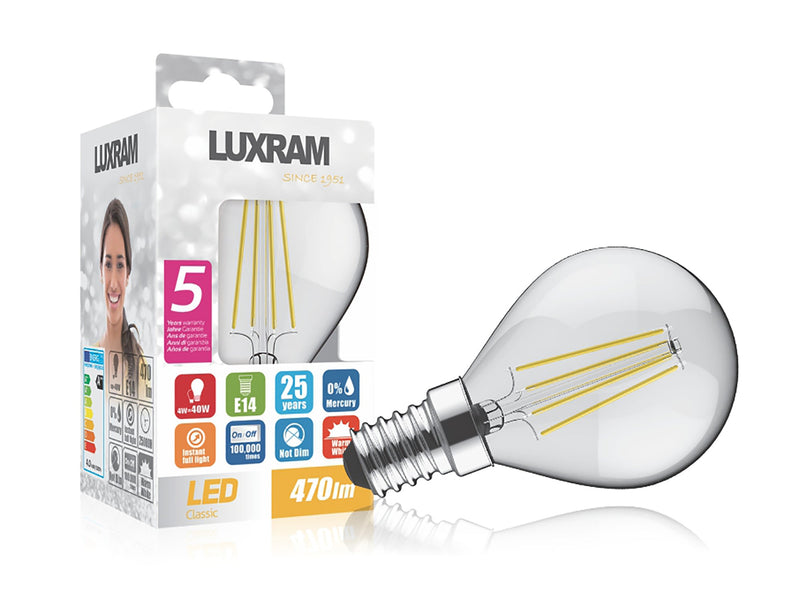 Luxram Value Classic LED Ball E14 Dimmable 4W Warm White 2700K, 400lm, Clear Finish • 763512233