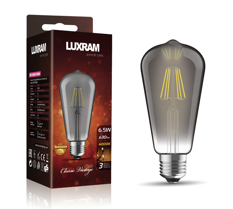 Luxram Value Vintage LED Rustica Tradition Tip ST64 E27 6.5W Dimmable 4000K Natural White Smoke, 3yrs Warranty • 763721252