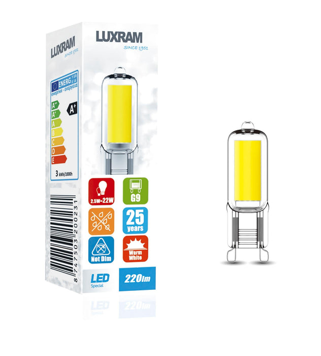 Luxram HaloLED G9 2.5W 3000K Warm White, 220lm, Clear Finish, Colour Box, 3yrs Warranty • 779320023