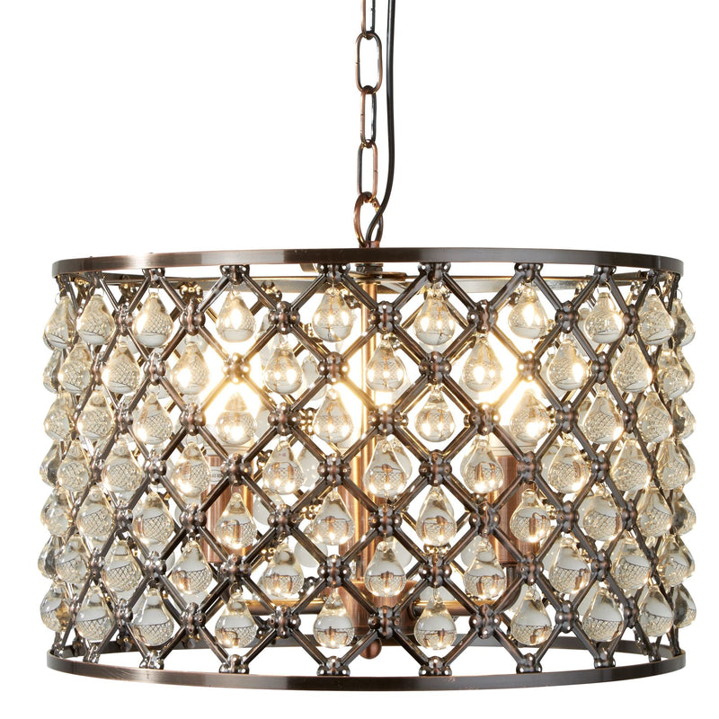 Searchlight Marquise 3Lt Drum Pendant, Antique Copper, Glass Tear Drop Trim • 7813-3CU