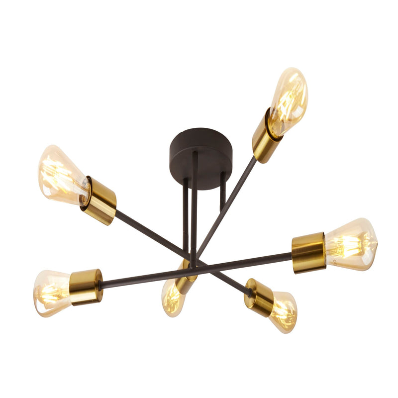Searchlight Armstrong 6Lt Ceiling Light Black And Satin Brass • 8046-6BK