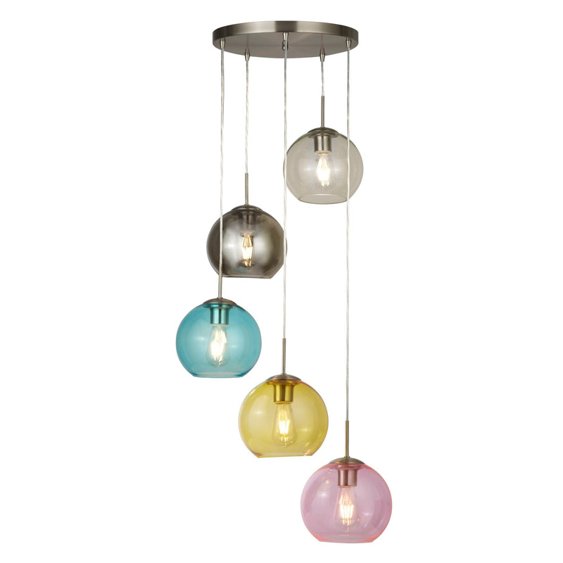 Searchlight Mardi Gras 5Lt Pendant, Satin Silver With Multi Coloured Glass • 8135-5SS