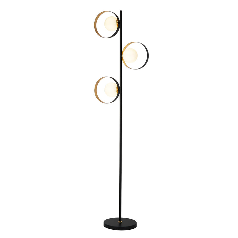 Searchlight Orbital 3Lt Matt Black And Gold Leaf Floor Light With Opal Glass • 8143BGO