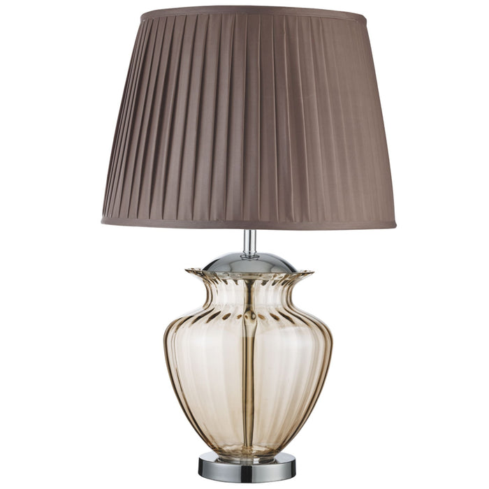 Searchlight Elina Table Lamp Large Glass Urn, Amber Glass, Chrome, Brown Pleated Shade • 8531AM