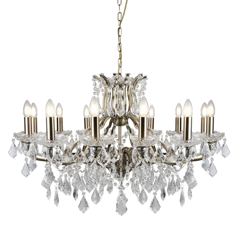 Searchlight Paris 12Lt Chandelier, Clear Crystal Drops & Trim, Antique Brass • 87312-12AB