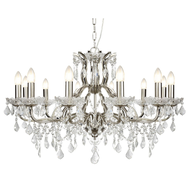 Searchlight Paris 12Lt Chandelier, Clear Crystal Drops & Trim, Satin Silver • 87312-12SS