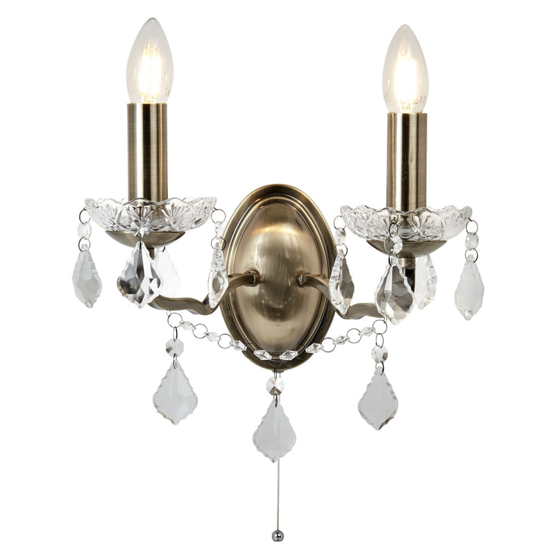 Searchlight Paris 2Lt Wall Bracket, Clear Crystal Drops & Trim, Antique Brass • 8732-2AB