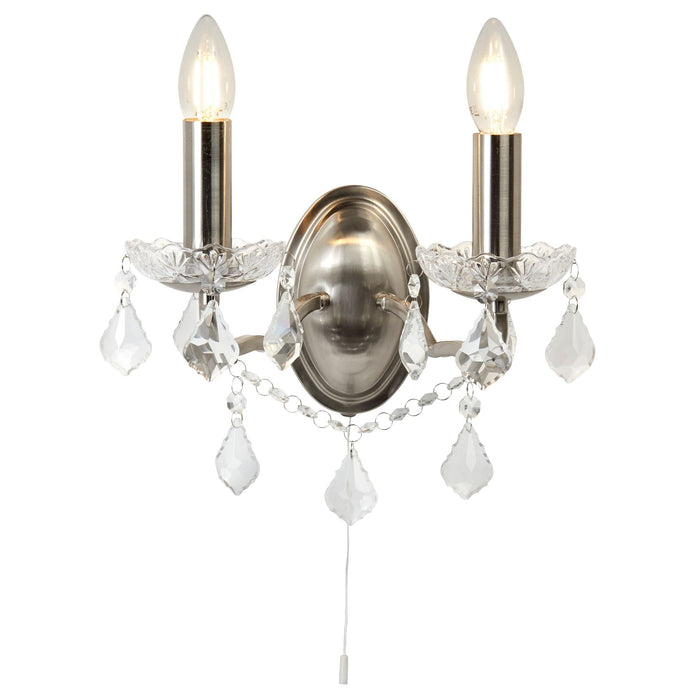 Searchlight Paris 2Lt Wall Bracket, Clear Crystal Drops & Trim, Satin Silver • 8732-2SS