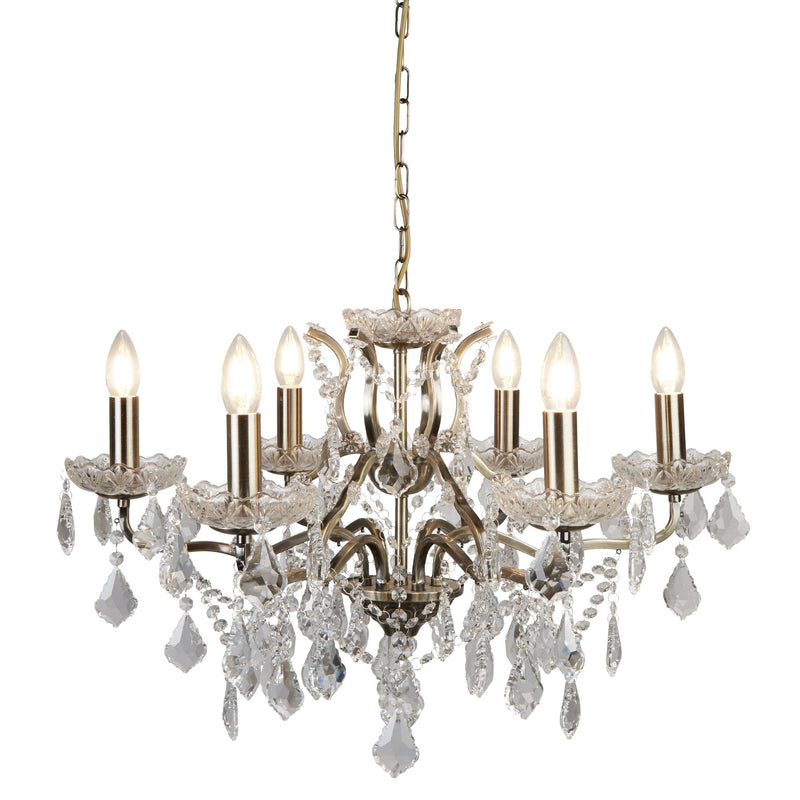 Searchlight Paris 6Lt Chandelier, Clear Crystal Drops & Trim, Antique Brass • 8736-6AB