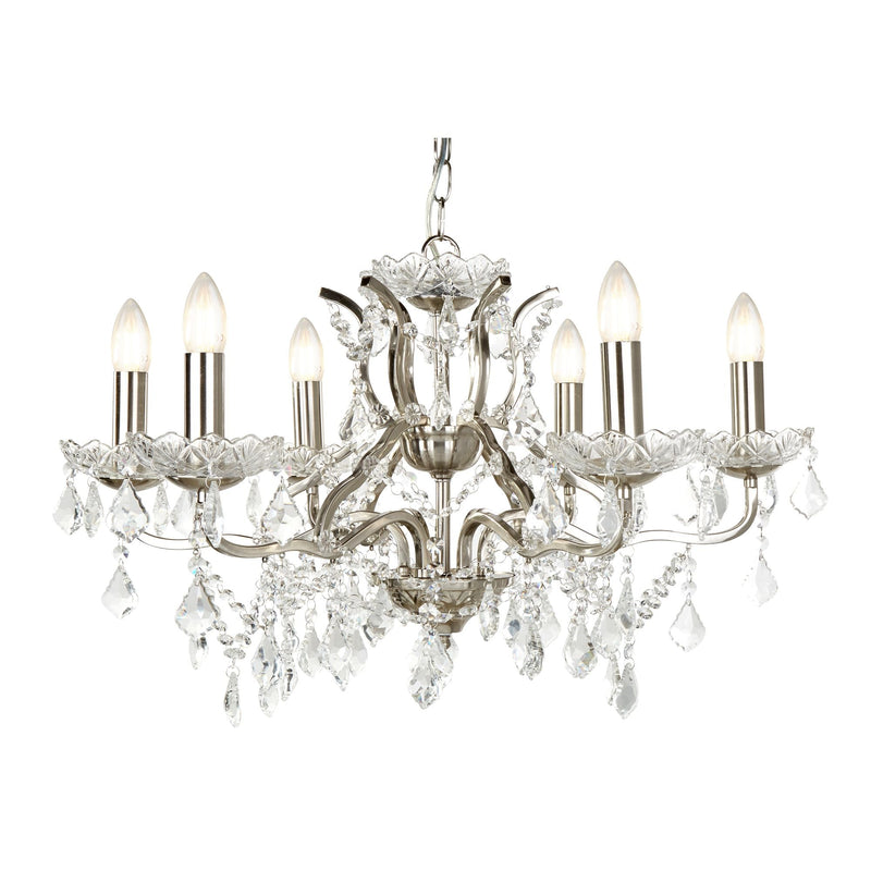 Searchlight Paris 6Lt Chandelier, Clear Crystal Drops & Trim, Satin Silver • 8736-6SS