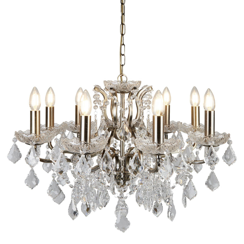 Searchlight Paris 8Lt Chandelier, Clear Crystal Drops & Trim, Antique Brass • 8738-8AB