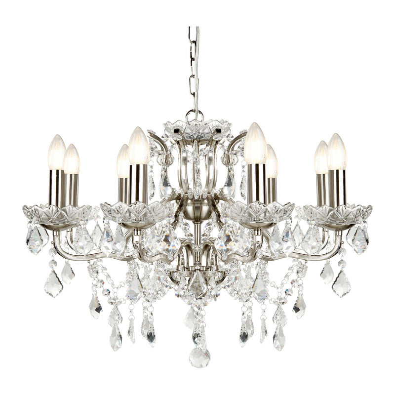 Searchlight Paris 8Lt Chandelier, Clear Crystal Drops & Trim, Satin Silver • 8738-8SS