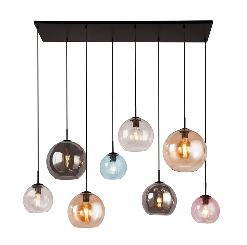 Searchlight Mardi Gras Ii 8Lt Bar Pendant Matt Black  With Multi Colour Glass Shades • 94002-8BK