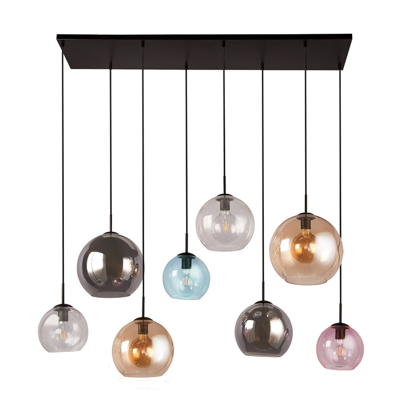 Searchlight Mardi Gras Ii 8Lt Bar Pendant Matt Black  With Multi Colour Glass Shades • 94002-8BK