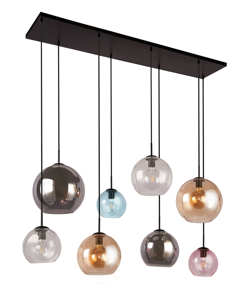 Searchlight Mardi Gras Ii 8Lt Bar Pendant Matt Black  With Multi Colour Glass Shades • 94002-8BK