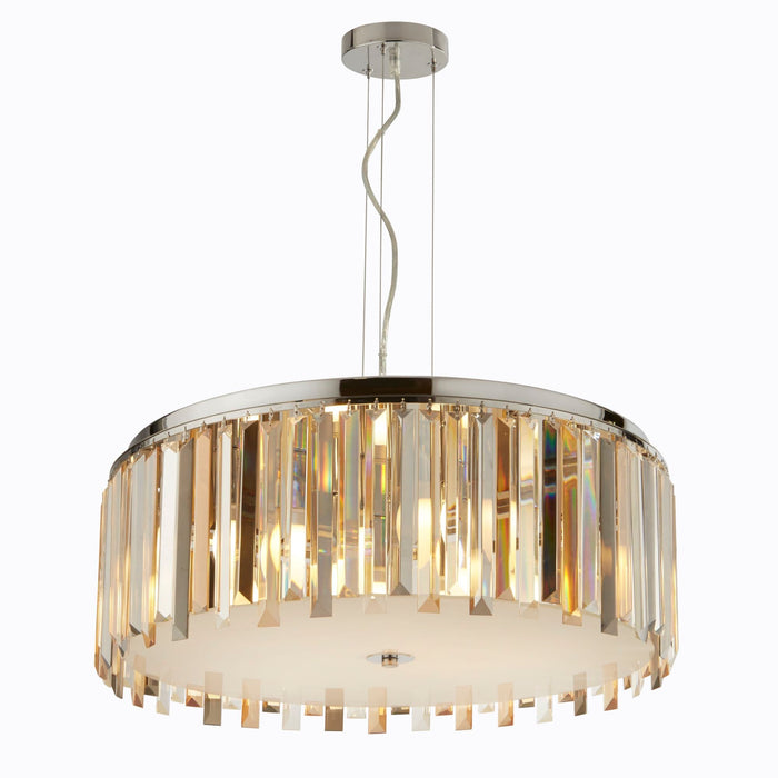 Searchlight Clarissa 5Lt Drum Pendant , Chrome, Clear/Amber/Smokey Crystal Prism Drops • 9835-5CC