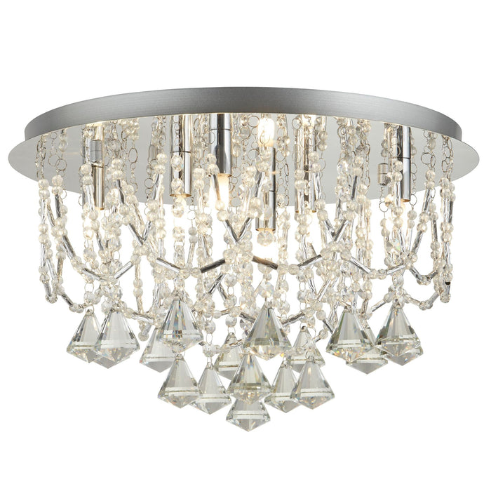 Searchlight Mela 6Lt Ceiiling Flush, Chrome, Clear Crystal Pyramid Drops & Trim • 9986-6CC