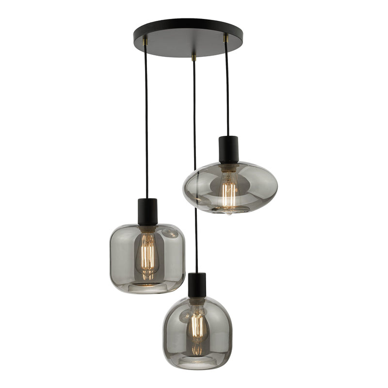 Dar Lighting Aiden 3 Light Cluster Pendant Satin Black & Smoked • AID0310