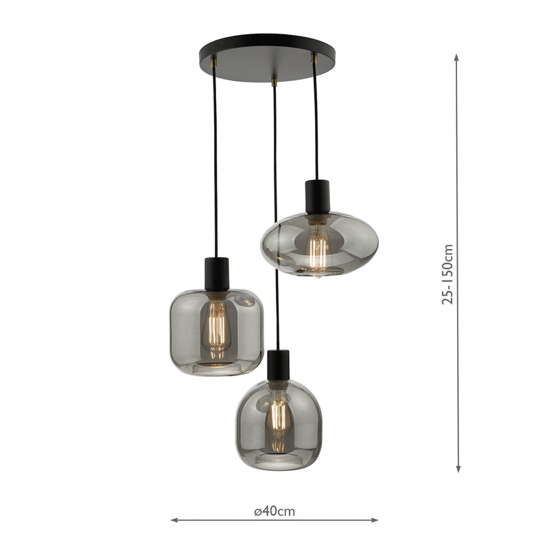 Dar Lighting Aiden 3 Light Cluster Pendant Satin Black & Smoked • AID0310