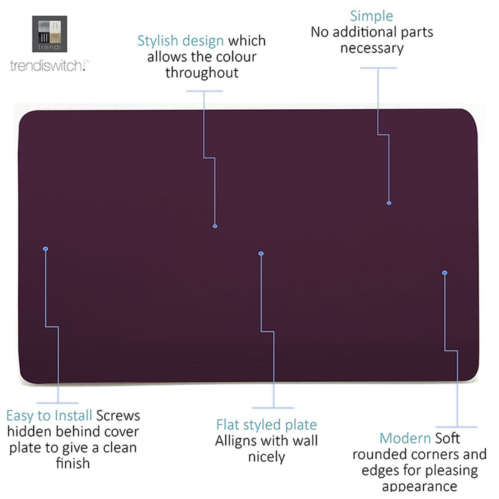 Trendi, Artistic Modern Double Blanking Plate, Plum Finish, BRITISH MADE, (25mm Back Box Required), 5yrs Warranty • ART-2BLKPL