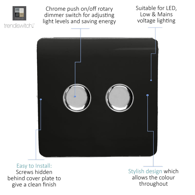 Trendi, Artistic Modern 2 Gang 2 Way LED Dimmer Switch 5-150W LED / 120W Tungsten Per Dimmer, Gloss Black Finish, (35mm Back Box Required) 5yrs Wrnty • ART-2LDMBK