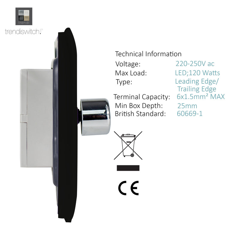 Trendi, Artistic Modern 2 Gang 2 Way LED Dimmer Switch 5-150W LED / 120W Tungsten Per Dimmer, Gloss Black Finish, (35mm Back Box Required) 5yrs Wrnty • ART-2LDMBK