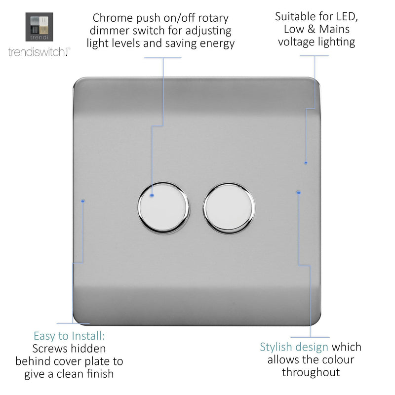Trendi, Artistic Modern 2 Gang 2 Way LED Dimmer Switch 5-150W LED / 120W Tungsten Per Dimmer, Brushed Steel Finish (35mm Back Box Required) 5yrs Wrnty • ART-2LDMBS