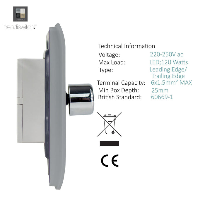 Trendi, Artistic Modern 2 Gang 2 Way LED Dimmer Switch 5-150W LED / 120W Tungsten Per Dimmer, Brushed Steel Finish (35mm Back Box Required) 5yrs Wrnty • ART-2LDMBS