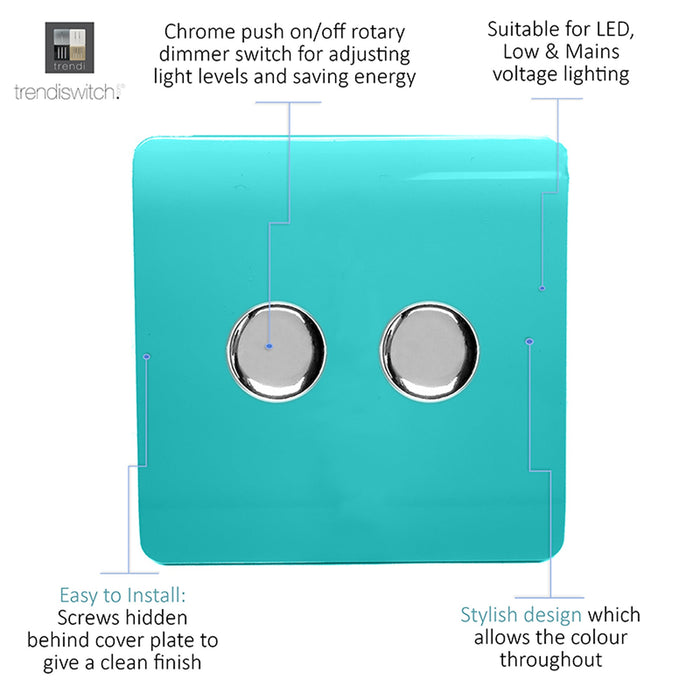 Trendi, Artistic Modern 2 Gang 2 Way LED Dimmer Switch 5-150W LED / 120W Tungsten Per Dimmer, Bright Teal Finish, (35mm Back Box Required) 5yrs Wrnty • ART-2LDMBT