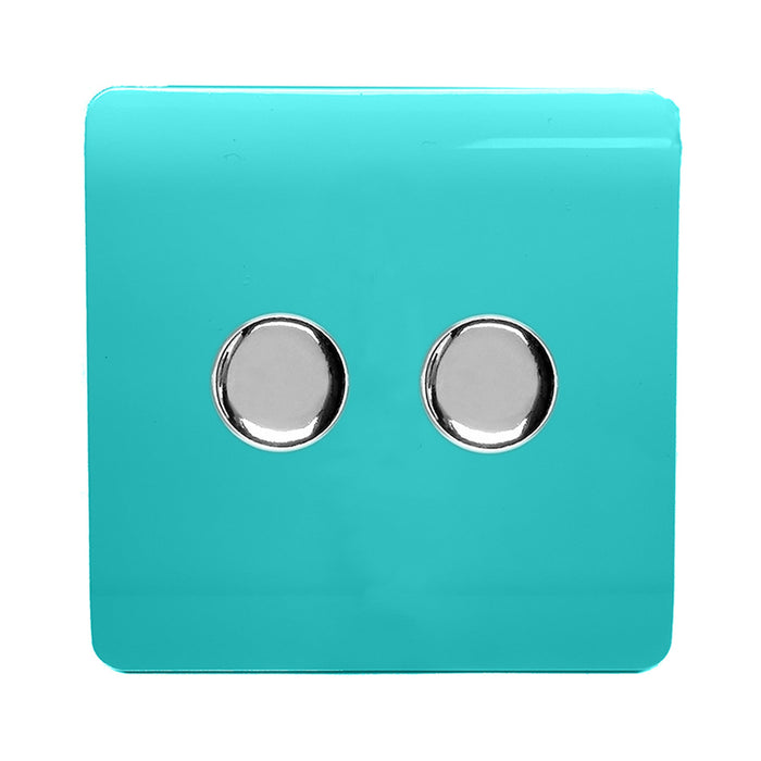 Trendi, Artistic Modern 2 Gang 2 Way LED Dimmer Switch 5-150W LED / 120W Tungsten Per Dimmer, Bright Teal Finish, (35mm Back Box Required) 5yrs Wrnty • ART-2LDMBT