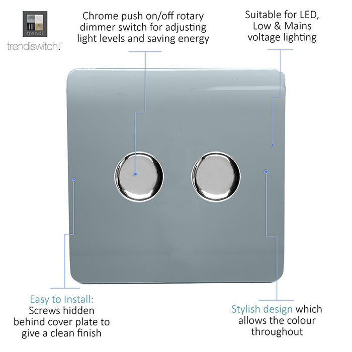 Trendi, Artistic Modern 2 Gang 2 Way LED Dimmer Switch 5-150W LED / 120W Tungsten Per Dimmer, Cool Grey Finish, (35mm Back Box Required) 5yrs Warranty • ART-2LDMCG