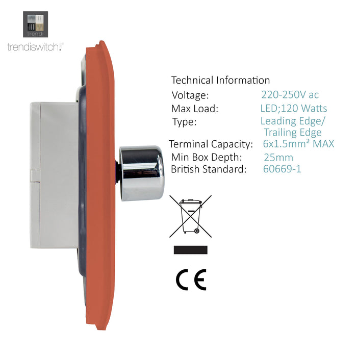 Trendi, Artistic Modern 2 Gang 2 Way LED Dimmer Switch 5-150W LED / 120W Tungsten Per Dimmer, Copper Finish, (35mm Back Box Required), 5yrs Warranty • ART-2LDMCPR